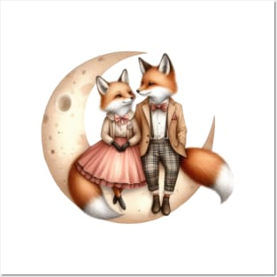 Valentine Happy Fox Couple On Moon Posters and Art